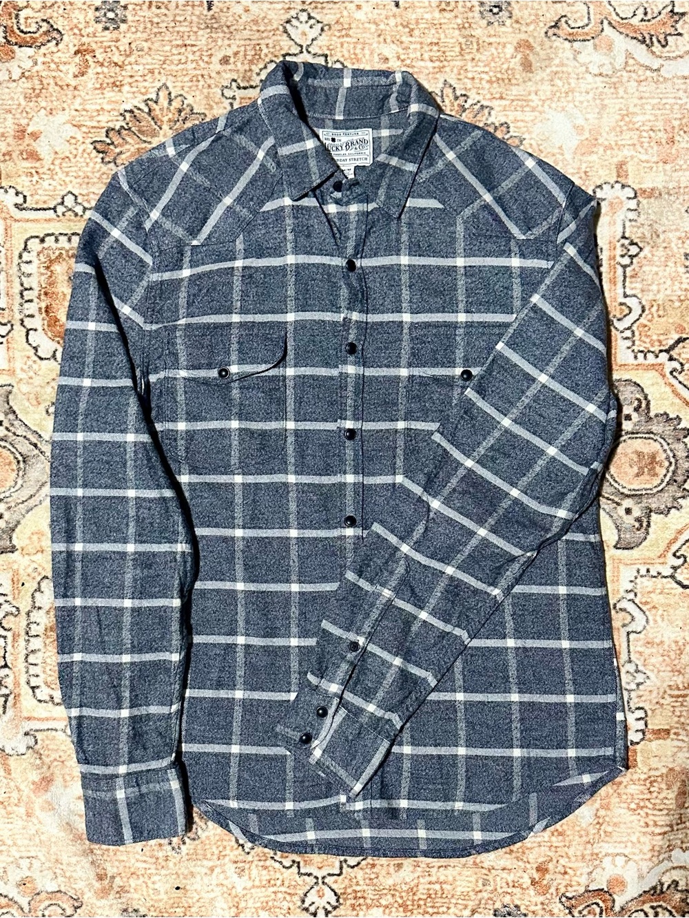 Mens Lucky Brand Saturday Stretch Windowpane Plaid Flannel Button Down